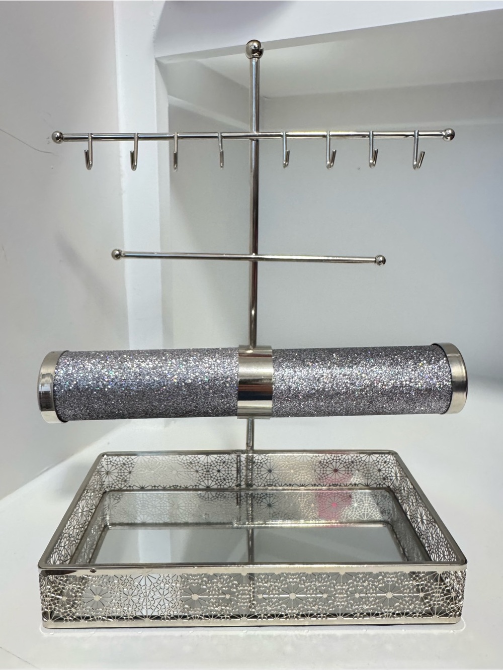 Christian Siriano Silver Glitter Jewelry Stand with Mirrored Tray